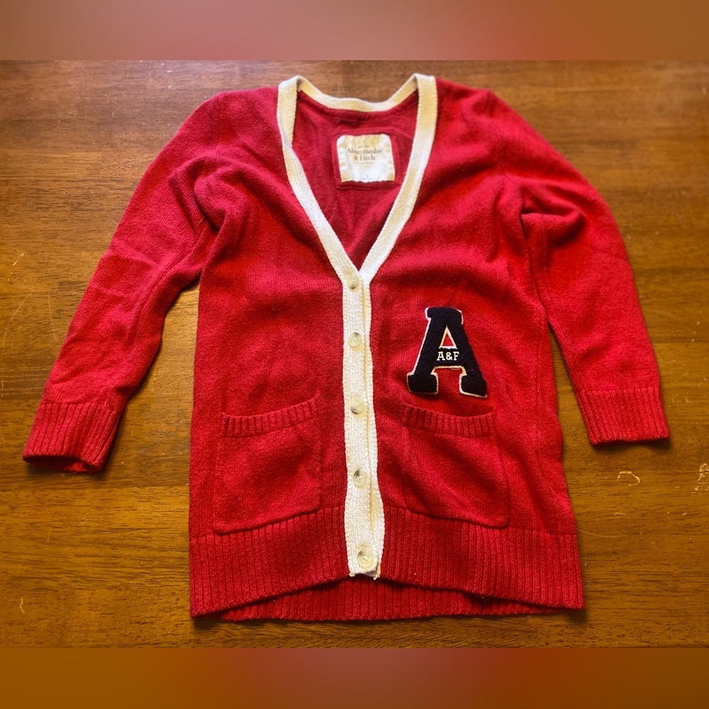 Abercrombie & Fitch Red V-Neck Varsity Cardigan Sweater Y2K - Picture 1 of 10